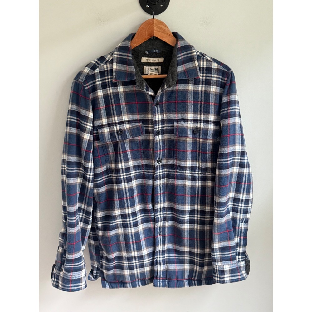 LL Bean Mens Fleece Lined Flannel Shirt Jacket Blue Plaid Traditional Fit S-REG